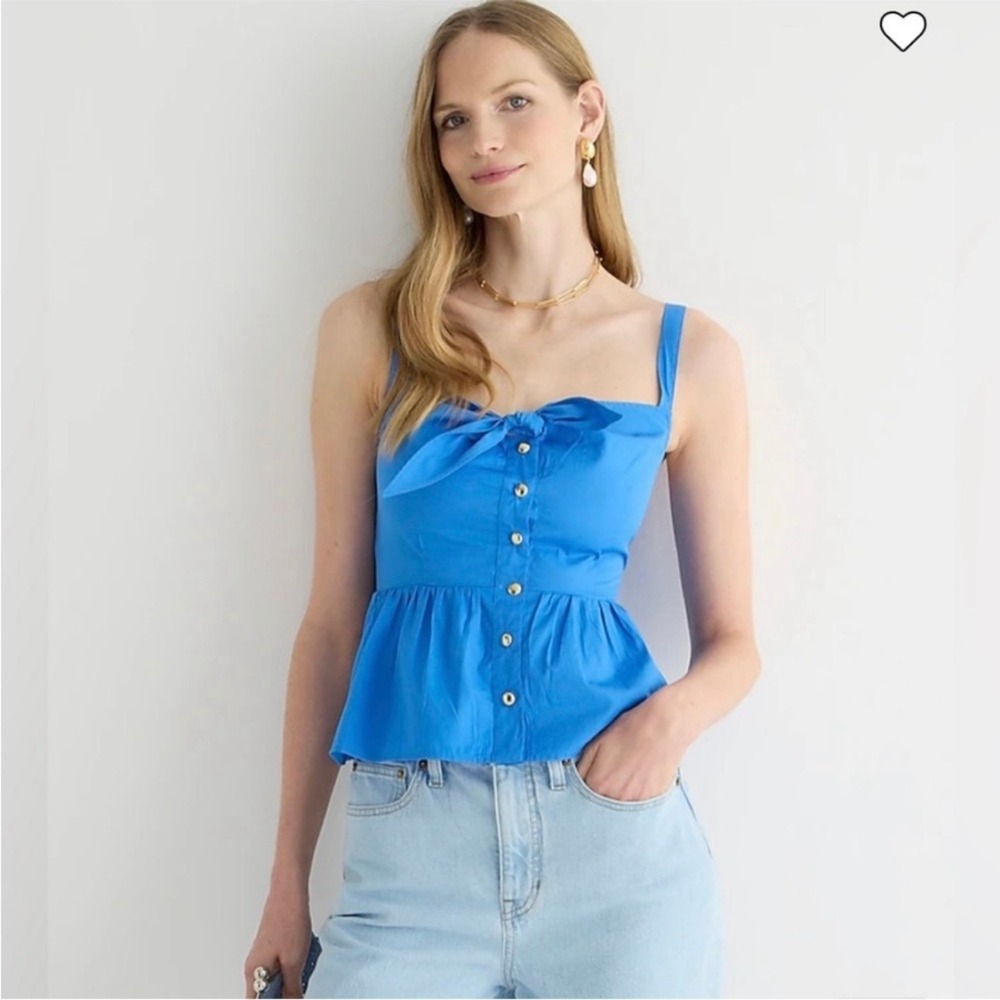J CREW Button Up Peplum Top Women 10 Blue Bow Front Sleeveless Cotton Poplin